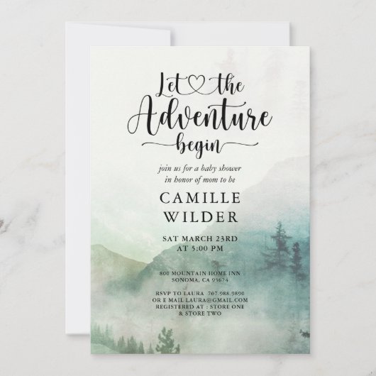 Invitation Baby shower Forest Mist Adventure Mountains (Devant)