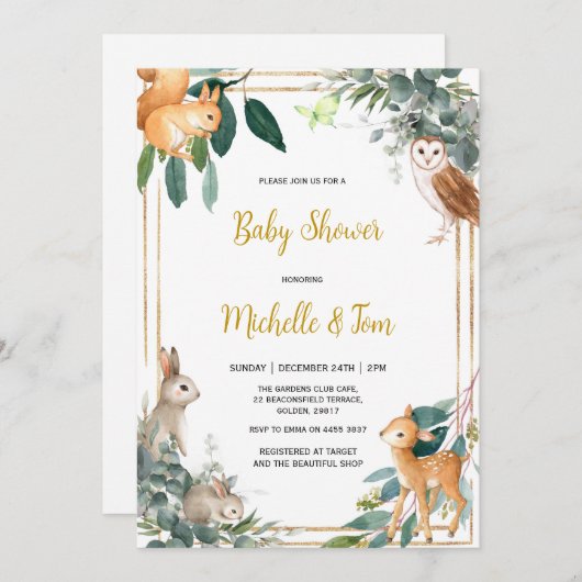 Invitation Baby shower forestier Animaux forestiers Invitatio (Devant / Derrière)