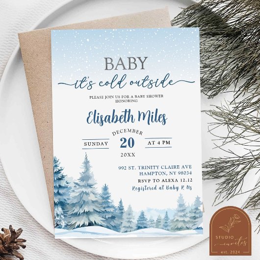 Invitation Baby shower forestier Blue Cold Winter