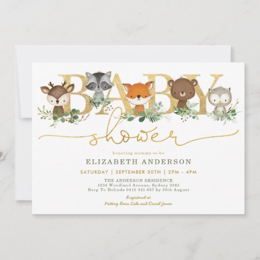 Invitation Baby shower forestier boisé d'or de verdure chic (Devant)