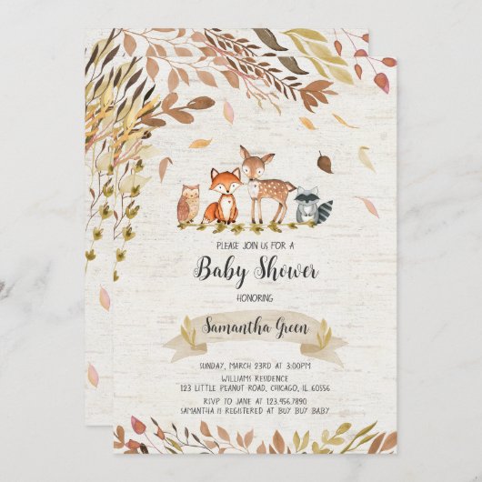 Invitation Baby shower forestier d'automne (Devant / Derrière)
