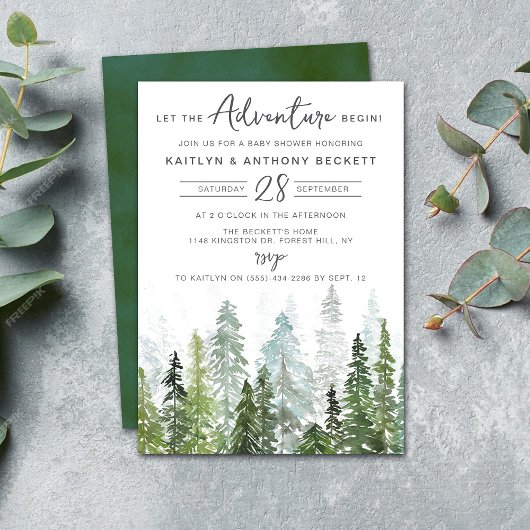 Invitation Baby shower forestier de pins d'aquarelle
