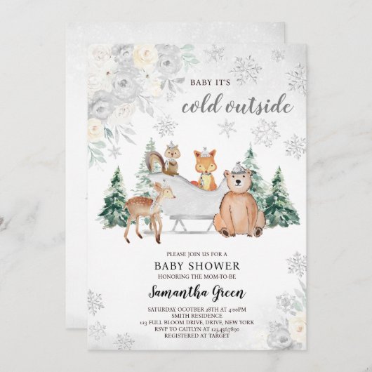 Invitation Baby shower forestier d'hiver Silver (Devant / Derrière)
