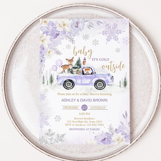 Invitation Baby shower forestier d'hiver violet
