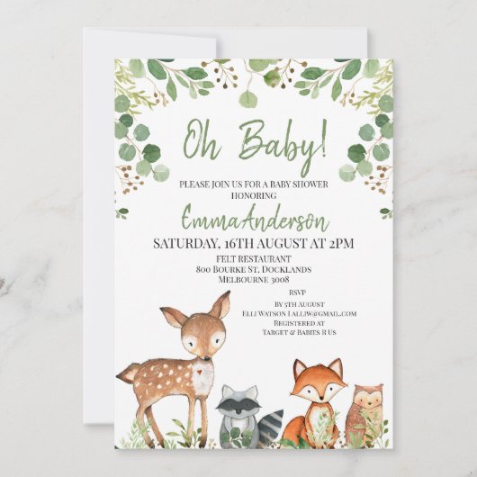 Invitation Baby shower forestier Eucalyptus neutre pour les f (Devant)