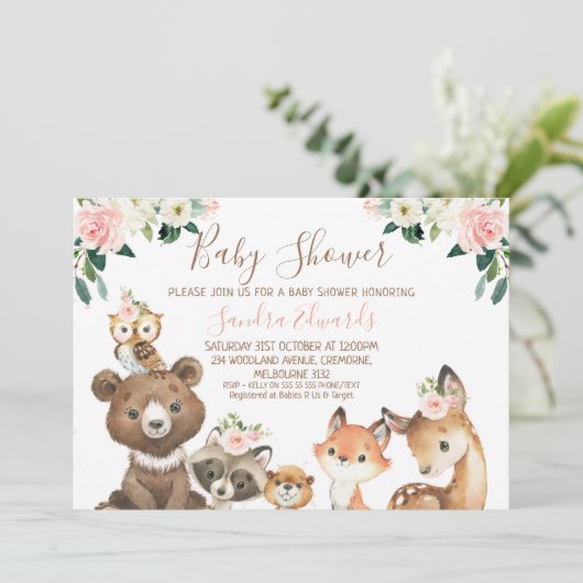 Invitation Baby shower forestier flou et blanc (Debout devant)