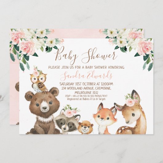 Invitation Baby shower forestier flou et blanc (Devant / Derrière)