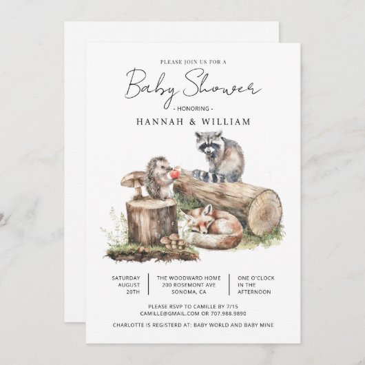 Invitation Baby shower forestier moderne Animaux forestiers (Devant / Derrière)