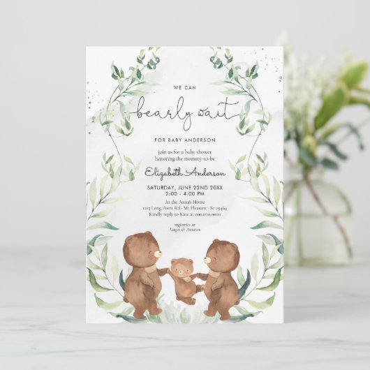 Invitation Baby shower forestier neutre pour l'ours vert (Debout devant)