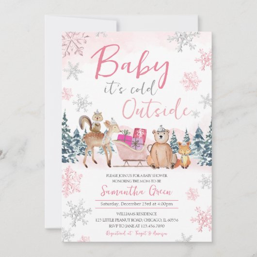Invitation Baby shower forestier rose d'hiver (Devant)