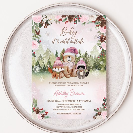 Invitation Baby shower forestier rose d'hiver