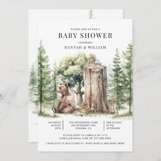 Invitation Baby shower forestier rustique des ours (Devant / Derrière)