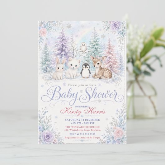 Invitation Baby-Shower Forêt d'Hiver (Debout devant)