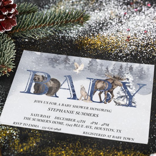 Invitation Baby Shower Forêt Ourson Hiver Aquarelle