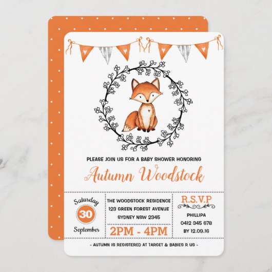 Invitation Baby shower Fox mignonne / Forêt Woodland moderne (Devant / Derrière)