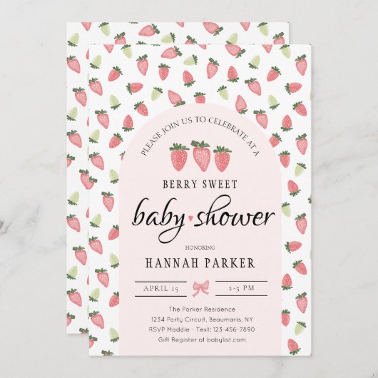 Invitation Baby shower fraise (Devant / Derrière)