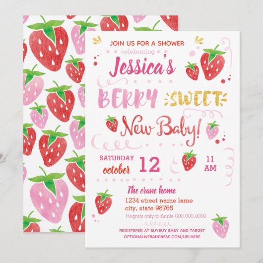 Invitation baby shower Fraise BERRY SWEET Aquarelle (Devant / Derrière)