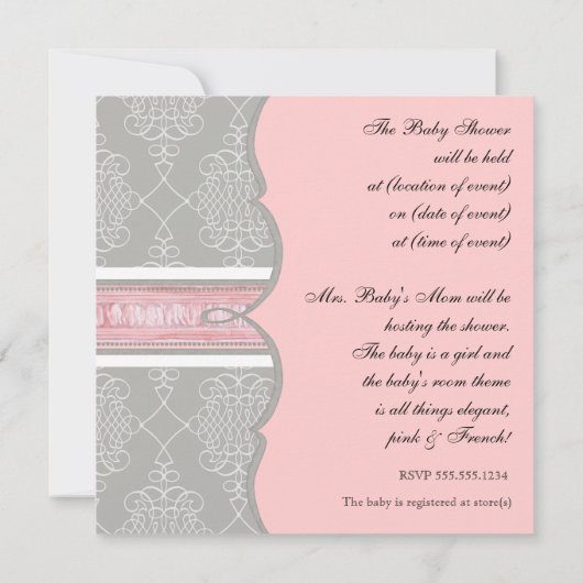 Invitation baby shower - French Bow Damask Swirl (Dos)