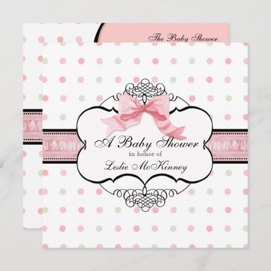 Invitation baby shower - French Bow Dot Swirl vs2 (Devant / Derrière)