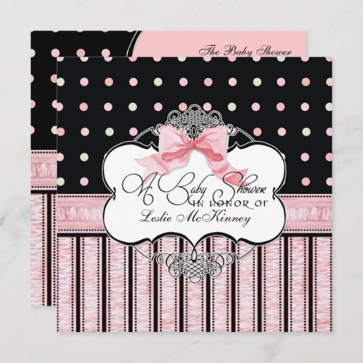 Invitation baby shower - French Bow Dot Swirl vs3 (Devant / Derrière)