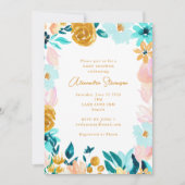 Invitation Baby shower frontalier Boho Blue Gold Floral Frame (Devant)