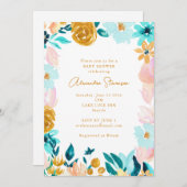 Invitation Baby shower frontalier Boho Blue Gold Floral Frame (Devant / Derrière)