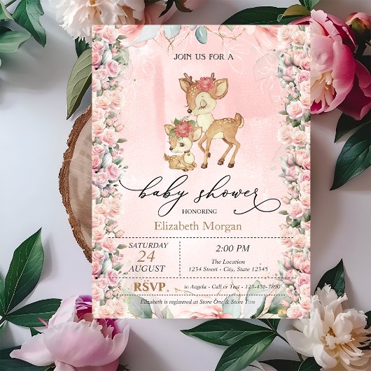 Invitation Baby shower frontalier Rose mignon de cerfs de béb