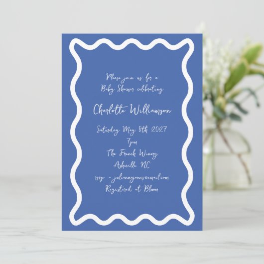 Invitation Baby shower frontalier Whimy Script Blue Scribble (Debout devant)
