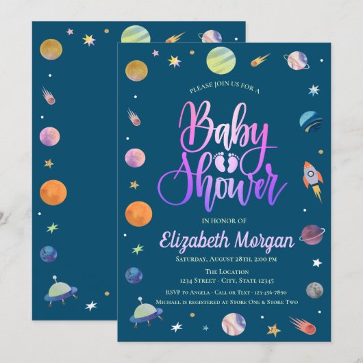 Invitation Baby Shower Galaxie de l'Espace Cosmique (Devant / Derrière)