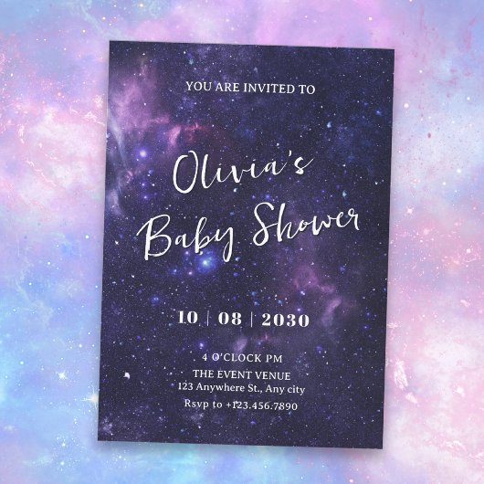 Invitation Baby shower galaxie spatiale violette