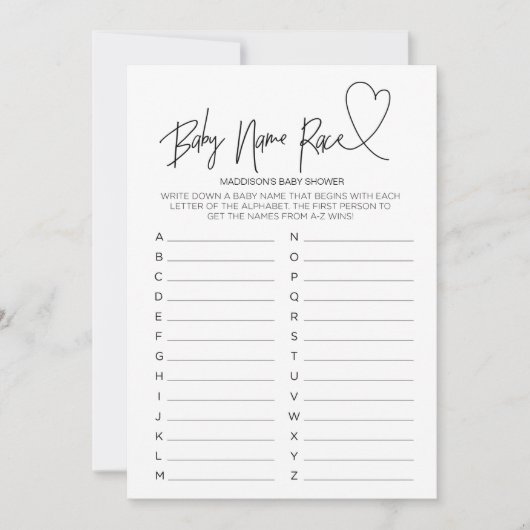 Invitation Baby shower Game Baby Name Race Card (Devant)