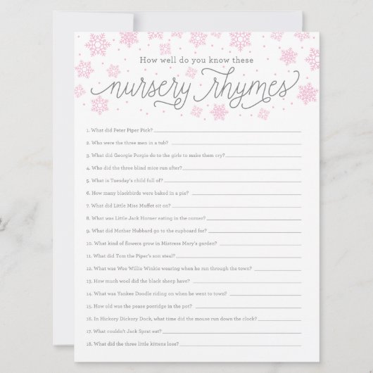 Invitation Baby shower Game CardNursery Rhyme Game Snowflake (Devant)
