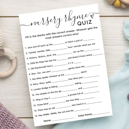 Invitation Baby shower Game Nursery Rhyme Quiz Card