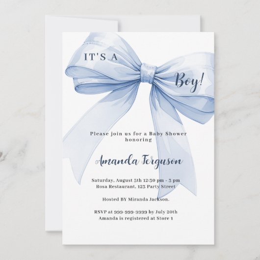 Invitation Baby shower garçon à arc bleu (Devant)