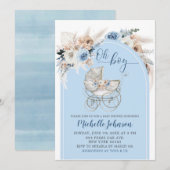 Invitation Baby shower garçon à poussette Floral Boho bleu (Devant / Derrière)