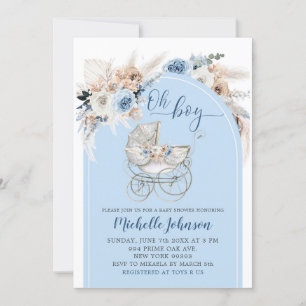 Invitation Baby shower garçon à poussette Floral Boho bleu