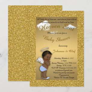 Invitation Baby shower garçon, Afro-américain, Bébé ange, Or