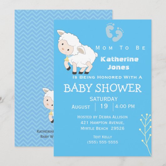 Invitation Baby shower garçon agneau mignet (Devant / Derrière)