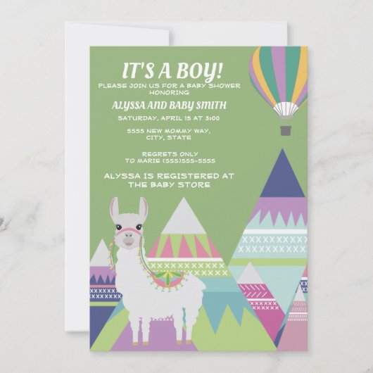 Invitation Baby shower Garçon Alpaca vert (Devant)