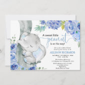 Invitation Baby shower garçon, aquarelle bleu fleurie d'éléph (Devant)