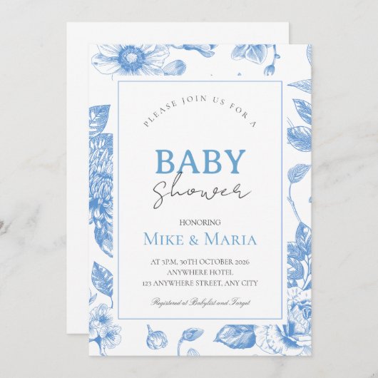 Invitation baby shower garçon arc floral (Devant / Derrière)