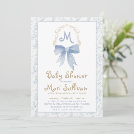 Invitation Baby shower garçon avec Damask bleu (Debout devant)