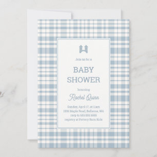 Invitation Baby shower garçon avec un motif vichy bleu vintag