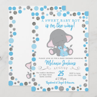 Invitation Baby shower garçon, Baby shower éléphan