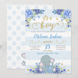 Invitation Baby shower garçon, Baby shower éléphan