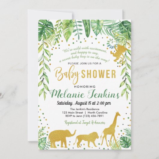 Invitation Baby shower garçon, Baby shower Jungle (Devant)