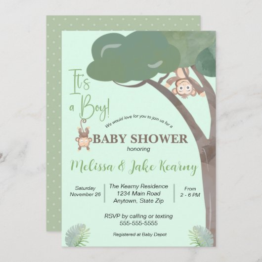 INVITATION BABY SHOWER GARÇON, BABY SHOWER MONKEY (Devant / Derrière)