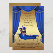 Invitation Baby shower GARÇON, bande dorée, bleu & or. (Devant / Derrière)