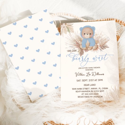 Invitation Baby shower Garçon Bear Blue Boho Pampas