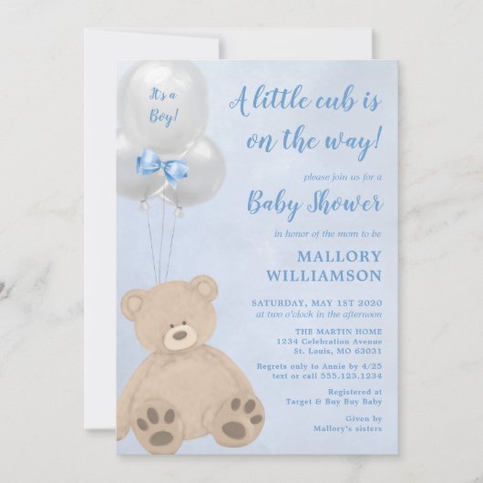 Invitation Baby shower Garçon Bear Cub (Devant)
